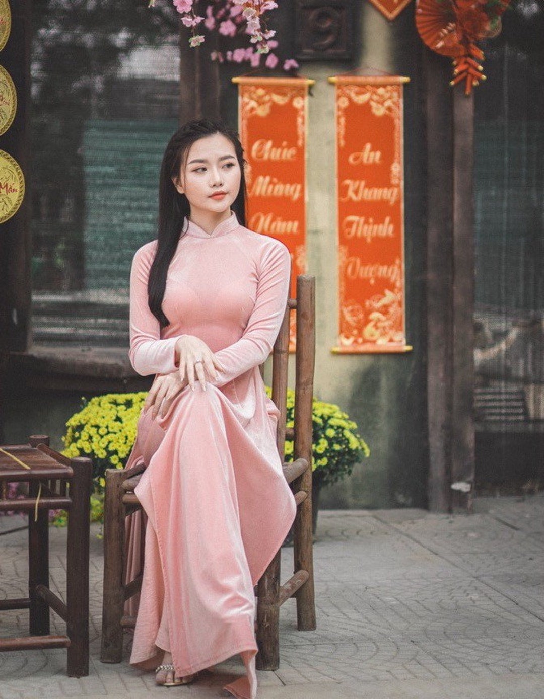 Blush Velvet Plain Ao Dai Top Only, NO PANTS Premade Traditional