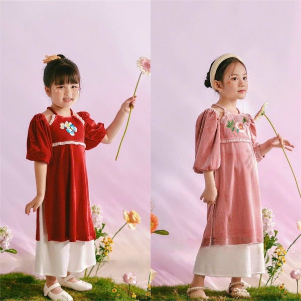 Girl Halter Velvet Ao Dai Set (Red, Pink) | Pre-made Traditional Vietnamese Ao Dai| Lunar New Year | Ao Dai for Girl | Ao Dai Tet |32D