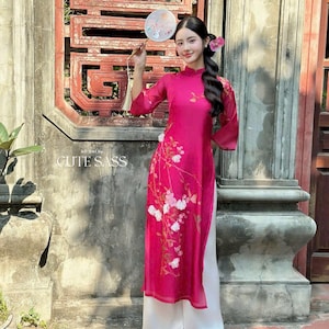 Fuchsia 3D Branches Ao Dai Set 1B|Pre-made Modernized Vietnamese Ao Dai| Ao Dai with Pants | Lunar New Year| Ao Dai Truyen Thong