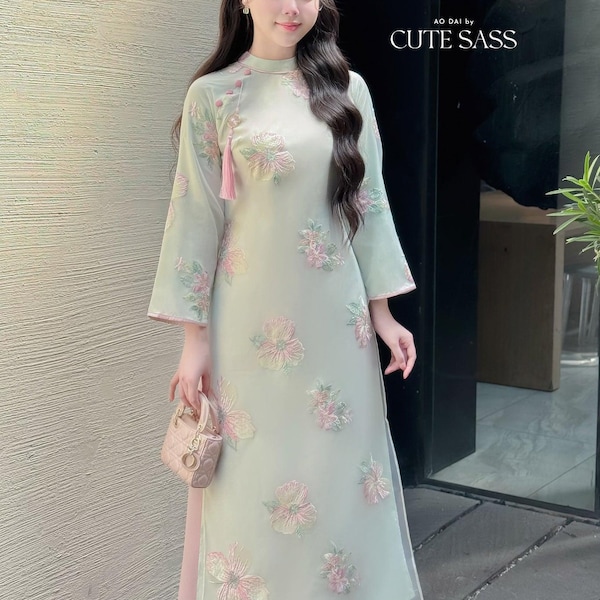 Nhu Mai - Cyan Embroidery Chiffon Hibiscus with Tassel Ao Dai Set 12B