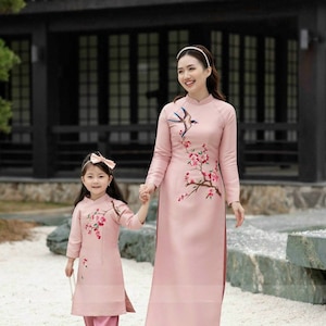 Mom and Daughter Blush Embroidery Matching Ao Dai Set (Hot Pink Pants) 33B| Pre-made Traditional Vietnamese Ao Dai | Ao Dai for Girl|