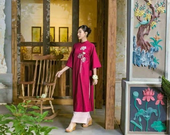 Shifted Pink Ao Dai Set | Pre-made Modern Vietnamese Ao Dai | Women Ao Dai with Pants | Lunar New Year|Ao Dai Truyen Thong | Loose Ao Dai|H4