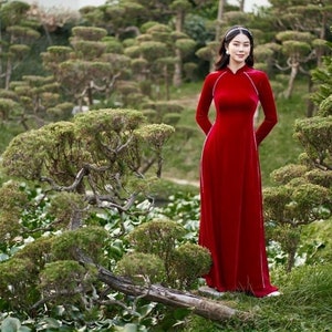 Red Velvet Pearl Ao Dai Top Only, NO PANTS 22a | Pre-made Traditional Vietnamese Ao Dai | Lunar New Year| Ao Dai Truyen Thong for Women |