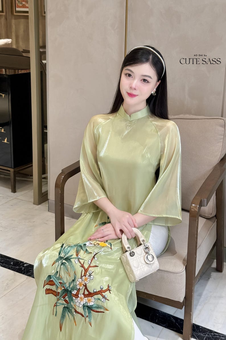 Green Bamboo Embroidery Chiffon Ao Dai Set 11B Premade Traditional