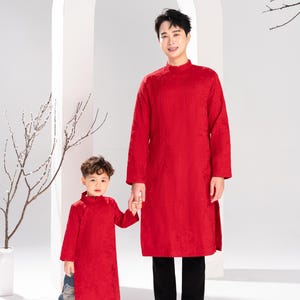 Men and Boy Red Tu Minh Ao Dai Set 19C| Pre-made Vietnamese Ao Dai| Lunar New Year | Ao Dai for Girl, Mom, Dad, Boy | Ao Dai Tet|