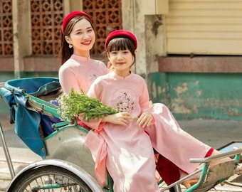 Mom and Daughter Pink Embroidery Ao Dai Set| Pre-made Traditional Vietnamese Ao Dai| Lunar New Year | Ao Dai for Girl, Mom | Ao Dai Tet |A4