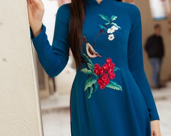 【ao 】AMERI EMBROIDERY DRESS AMARI Traditional ao dai with 3D Flowers and crystals| Ao