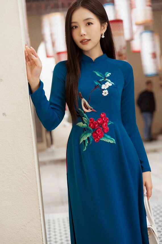 Prussian Blue Embroidery Sparrow Ao Dai Set 16c|pre-made