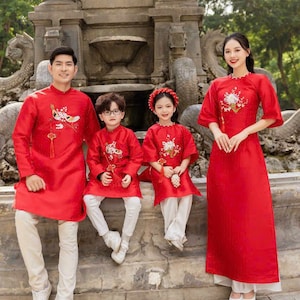 Family Red Ribbon Ao Dai Set (No Tassel, No Headband) 16E| Pre-made Vietnamese Ao Dai|Lunar New Year|Ao Dai for Girl, Mom, Dad, Boy |Tet|