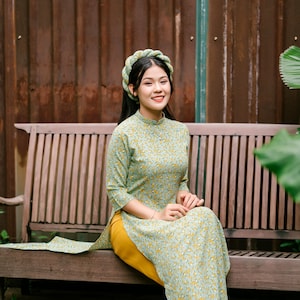 Green Hoa Ao Dai Set with Twisted Headband 16A | Pre-made Vietnamese Traditional Ao Dai| Lunar New Year | Women Ao Dai with Pants|