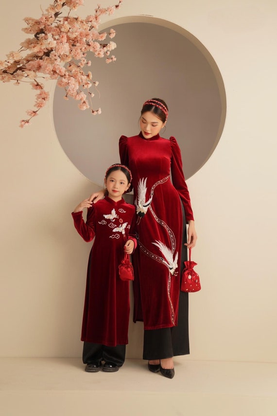 Mom and Daughter Red Velvet Phoenix Ao Dai Set Pre-made Traditional  Vietnamese Ao Dai Lunar New YearAo Dai for Girl, Mom Ao Dai TetB1B2 -   Portugal