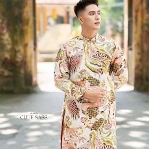 Men Gold Peacock 3D Gam Ao Dai Top 38D| Pre-made Traditional Vietnamese Ao Dai| Lunar New Year | Ao Dai for Dad, Boy | Ao Dai Tet|