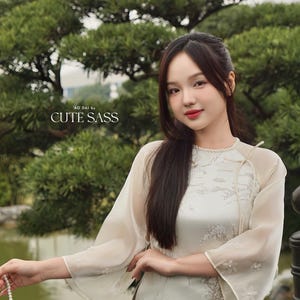Cream Shiny Mountain Pearl Neckline Bow and Flower Sleeves Ao Dai Set 1B|Pre-made Vietnamese Ao Dai | Lunar New Year|