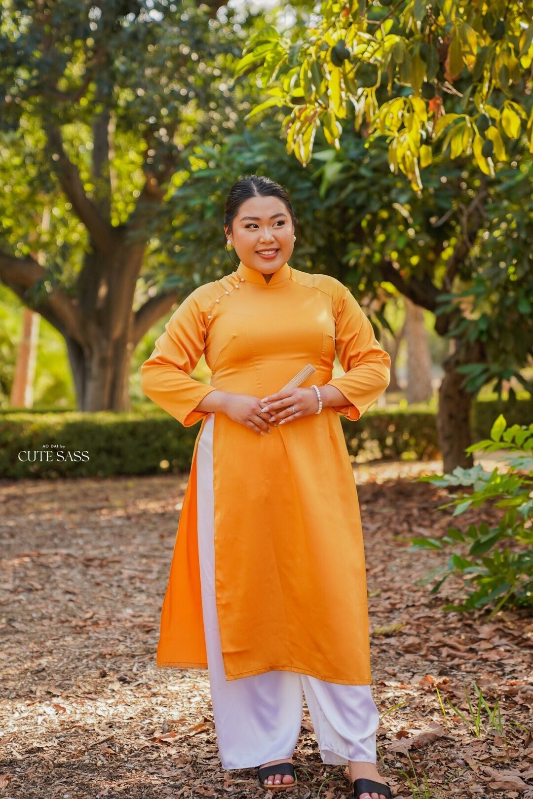 Mustard Yellow Ngoc Trai Silk Pearl Ao Dai Set Premade Traditional