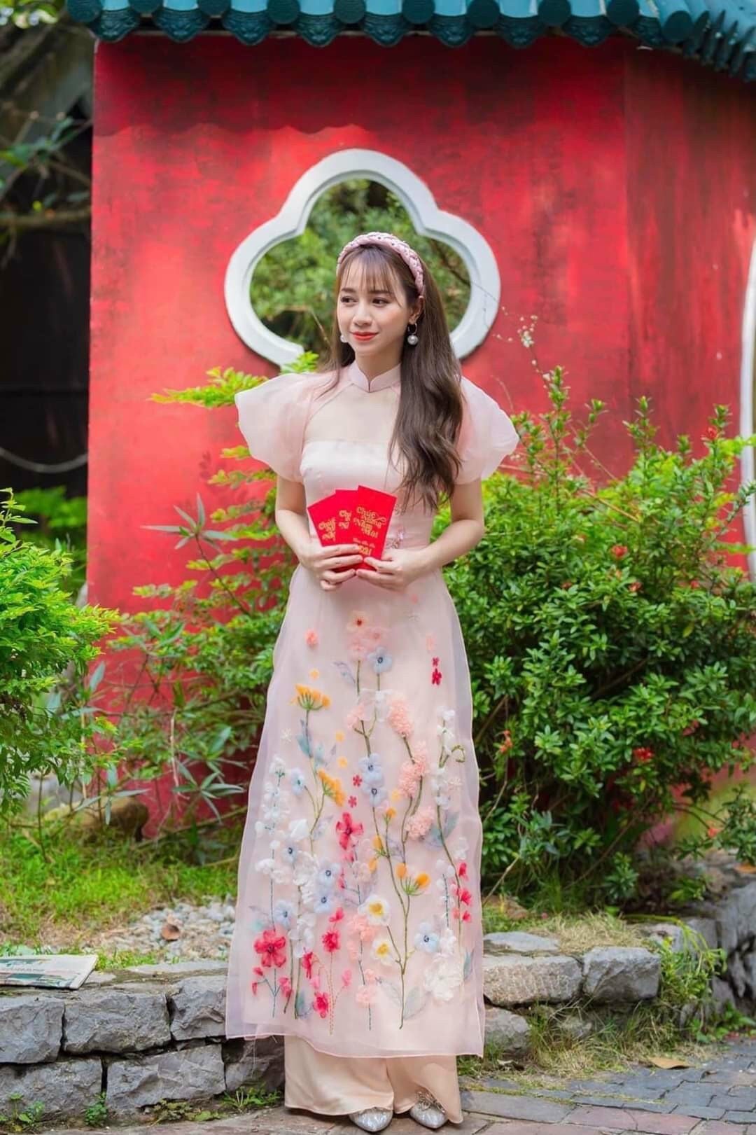 Blush Puffy Sleeve Sparkle Garden Ao Dai Setpremade Modernized