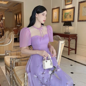 Luxury Purple Puffy Sleeve Ao Dai Set Pre-made Modernized Vietnamese Ao ...