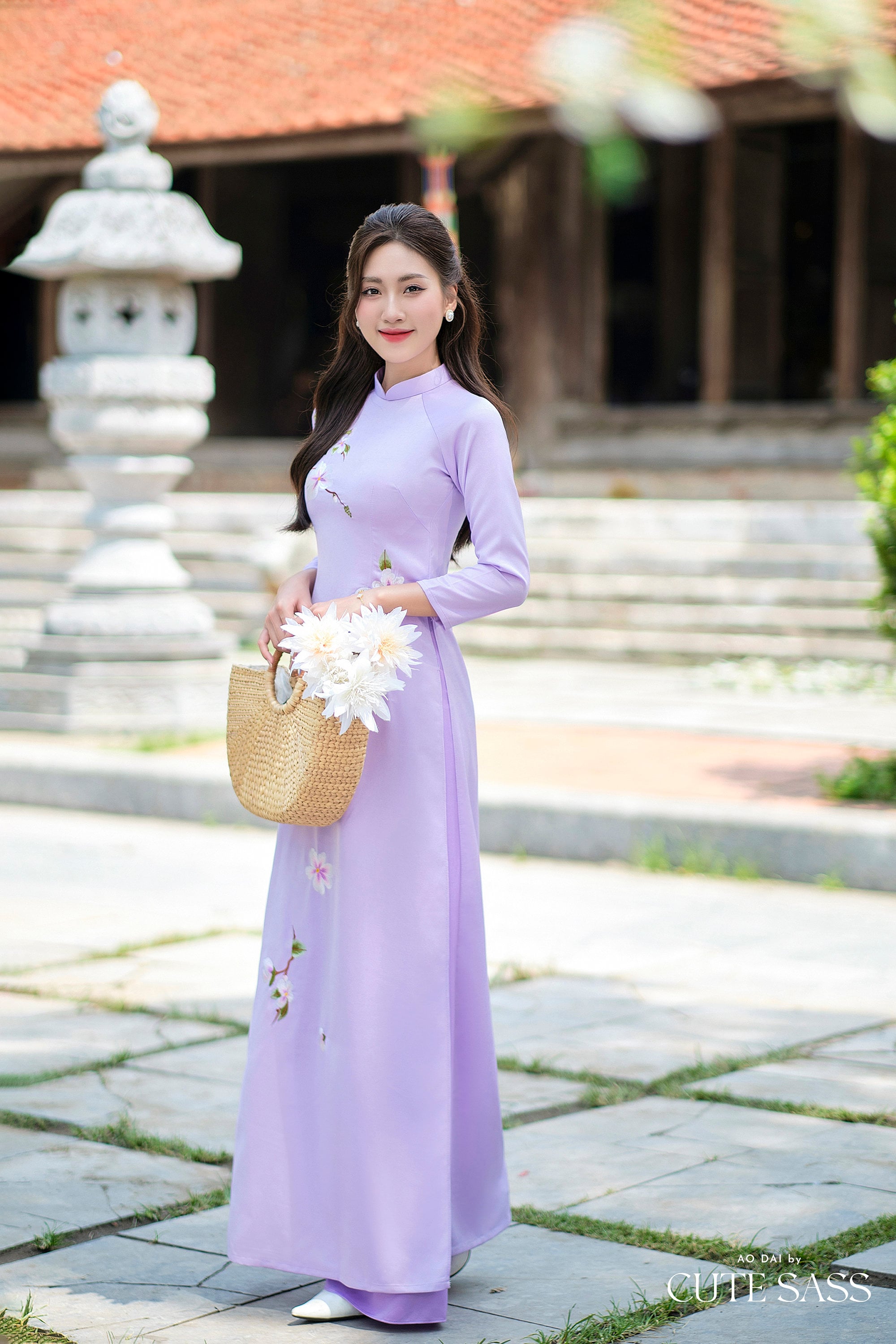【ao 】AMERI EMBROIDERY DRESS Purple Wisperia Silk Embroidery Ao Dai Set 15D| Pre-made