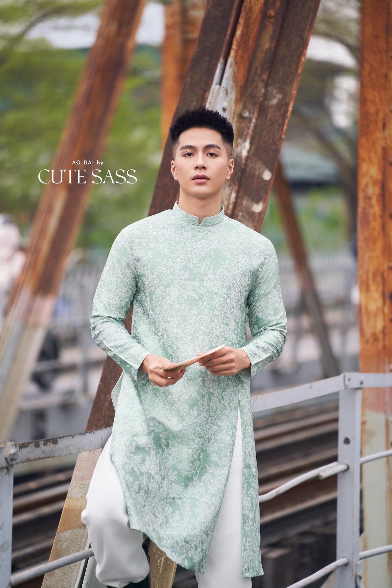 Men Cyan/white Slit Ao Dai Top 42B | Pre-made Traditional