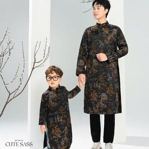 Men and Boy Black Tu Minh Ao Dai Set 19C | Pre-made Vietnamese Ao Dai| Lunar New Year | Ao Dai for Girl, Mom, Dad, Boy | Ao Dai Tet|