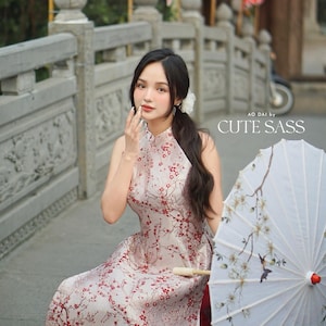 Yen - Red Ruby Sakura Yem-Inspired Ao Dai Top Only, No Pants 42-43C| Pre-made Modernized Vietnamese Sleeveless Ao Dai| Lunar New Year