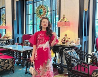 Red Modern Peony Ao Dai Set 25C| Pre-made Modernized Vietnamese Ao Dai| Women Ao Dai with Pants| Lunar New Year| Ao Dai Cach Tan|