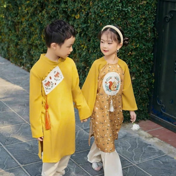 Sibling Yellow Chipmunk Ao Dai Set | Pre-made Traditional Vietnamese Ao Dai | Lunar New Year | Ao Dai for Girl, Boy | Pre-made Kid Ao Dai|B2