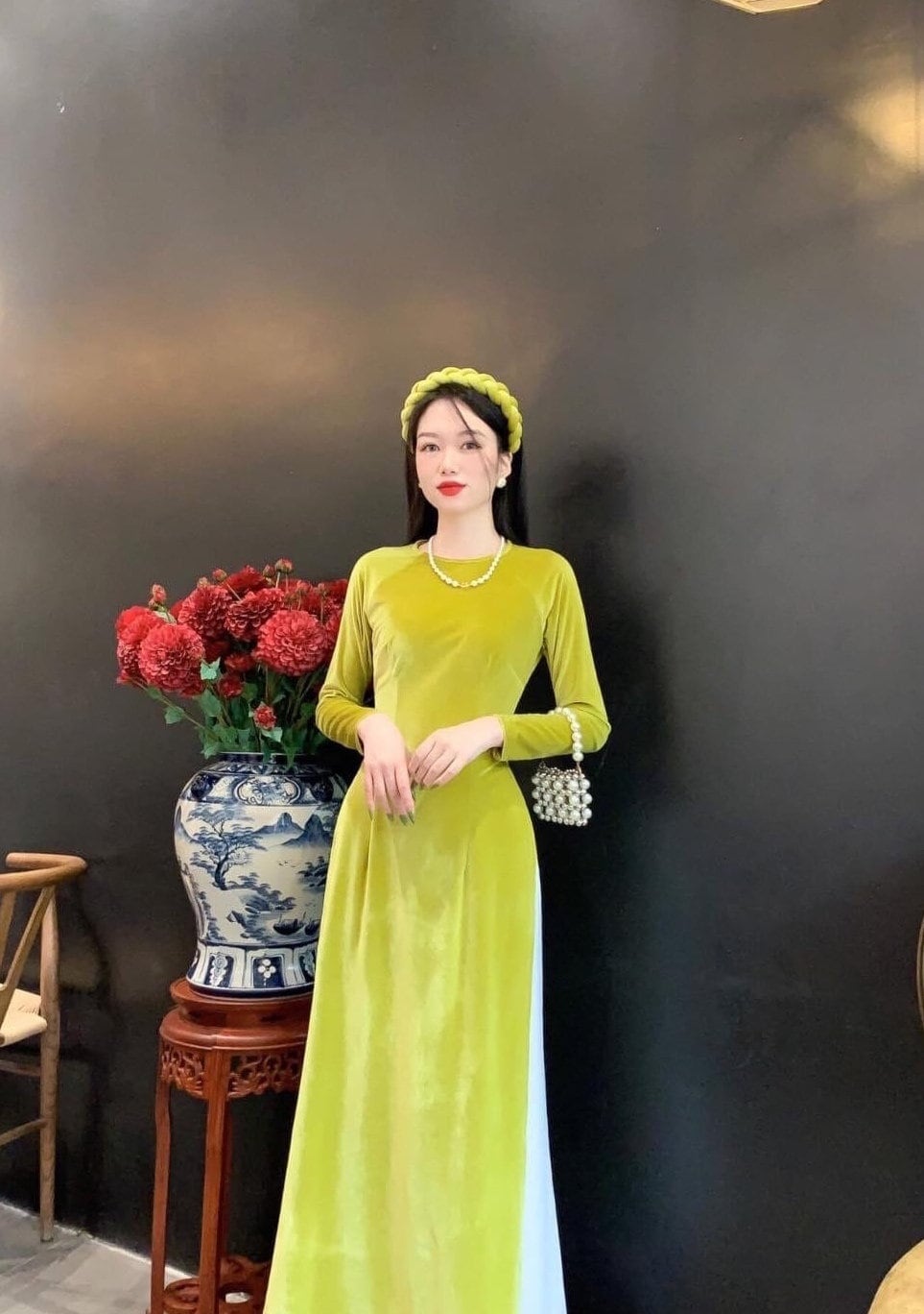 lime green velvet dress Lime Green Velvet Ao Dai Top Only, NO PANTS 47E