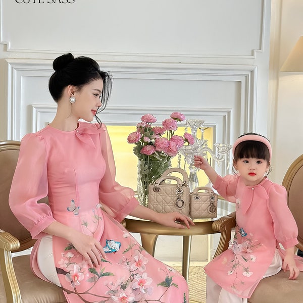 Mom and Daughter Light Pink Bow Ao Dai Set 26C| Pre-made Traditional Vietnamese Ao Dai | Lunar New Year | Ao Dai for Girl, Mom|