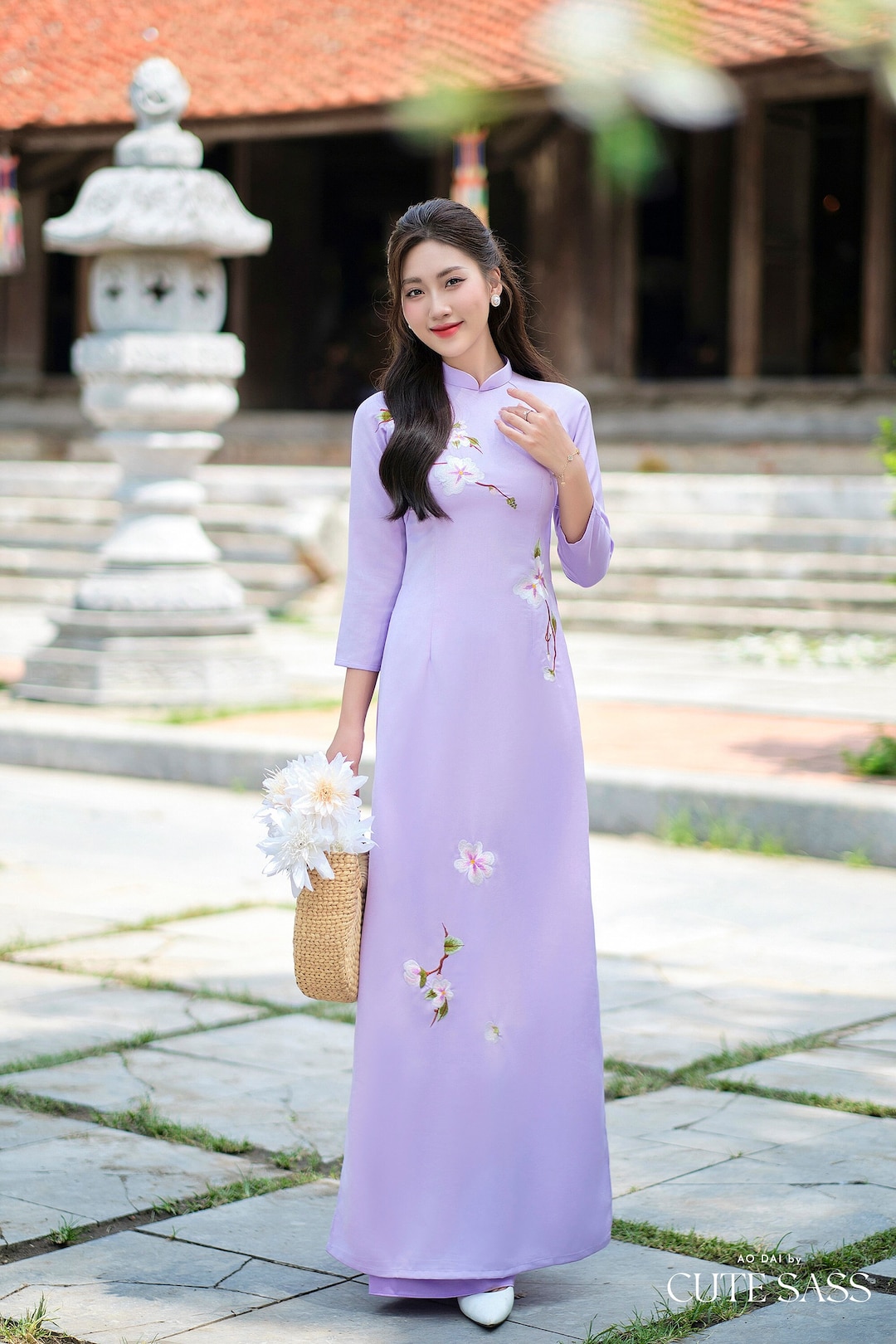 【ao 】AMERI EMBROIDERY DRESS Purple Wisperia Silk Embroidery Ao Dai Set 15D| Pre-made