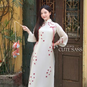 Ivory White Bow Red Daisy Branches Ao Dai Set 17B|Pre-made Vietnamese Ao Dai | Lunar New Year|