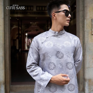 Men Gray Gam Silk Ao Dai Top 9A| Pre-made Traditional Vietnamese Ao Dai| Lunar New Year | Ao Dai for Dad, Boy | Ao Dai Tet|