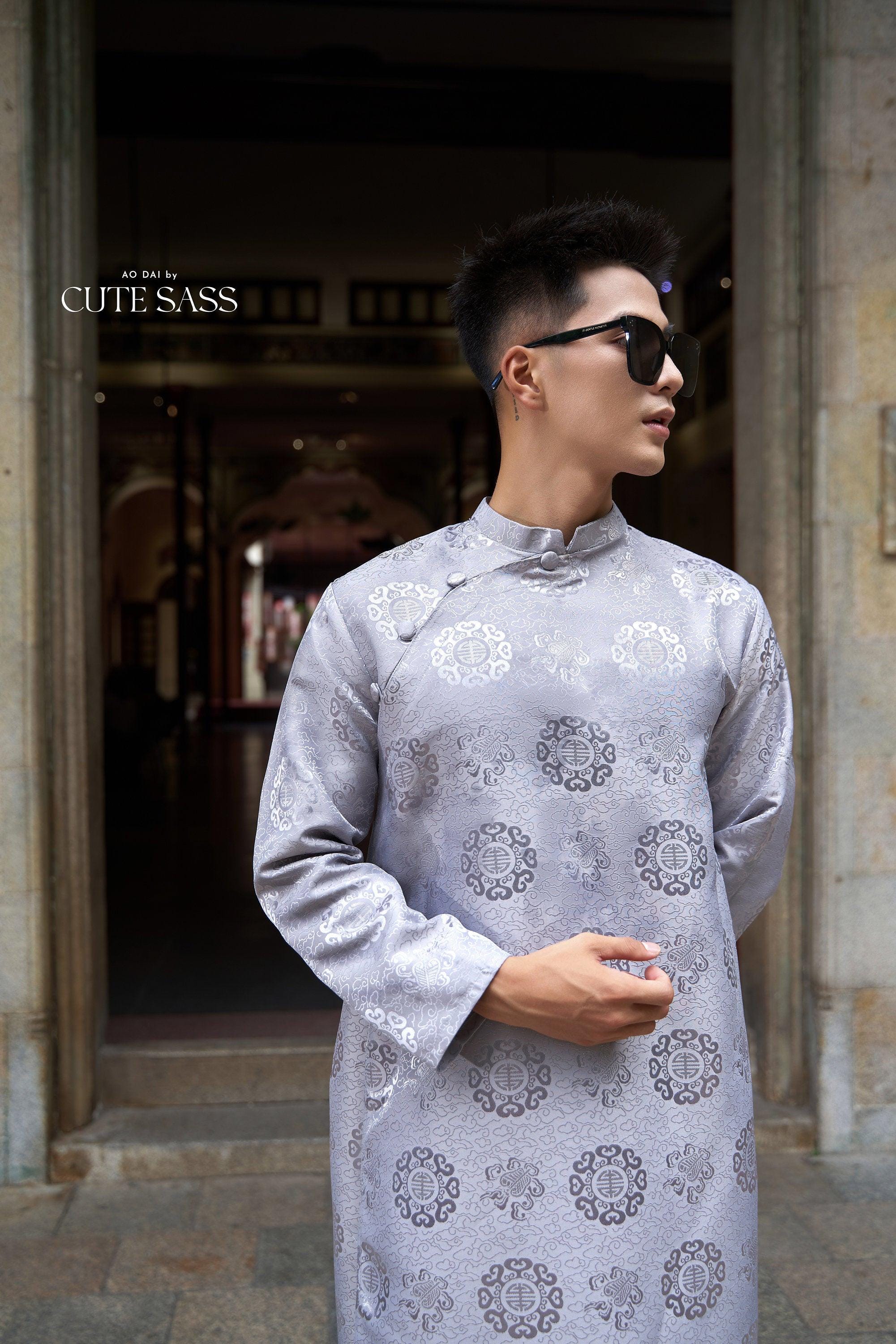 [No 258] ベトナムアオザイ(Áo dài Việt Nam) Blue Hand Painted Vietnamese Ao Dai for Men, Ao Dai Nam, Ao