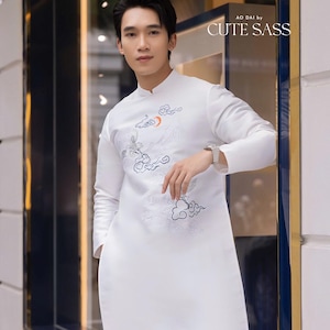 Men White Birds Ao Dai Top 12E| Pre-made Traditional Viet Ao Dai|Lunar New Year |Ao Dai for Dad | Ao Dai Truyen Thong| Ao Dai Tet|