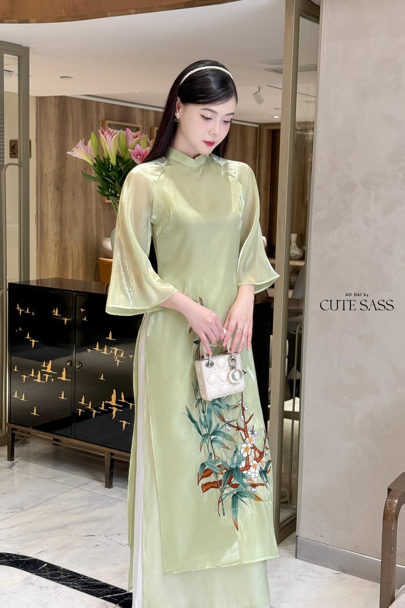 Green Bamboo Embroidery Chiffon Ao Dai Set 11B Premade Traditional
