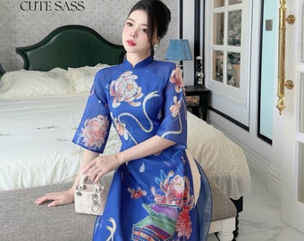 Hoa Vien - Blue Ao Dai Set | Pre-made Traditional Vietnamese Ao Dai| Women Ao Dai with Pants | Lunar New Year| Ao Dai Truyen Thong|1B