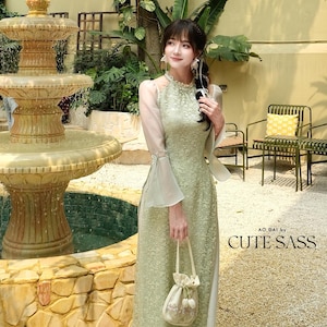 Pastel Green Halter Bow Sleeves Ao Dai Top Only, No Pants 12E|Pre-made Vietnamese Women Ao Dai| Lunar New Year|Ao Dai Cach Tan