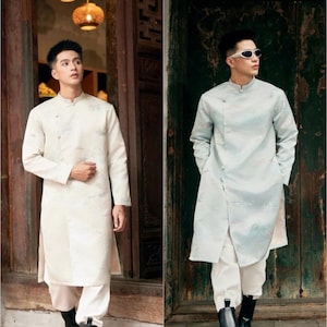 Men Silver Mountain Cream/Blue Shiny Gam Ao Dai Top 34C 35B