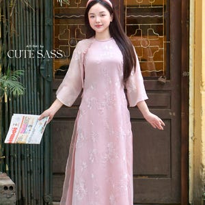 Yen - Pink Petal Plait Braided Neckline Shifted Ao Dai Top Only, No Pants 41B| Pre-made Modernized Vietnamese Ao Dai| Lunar New Year