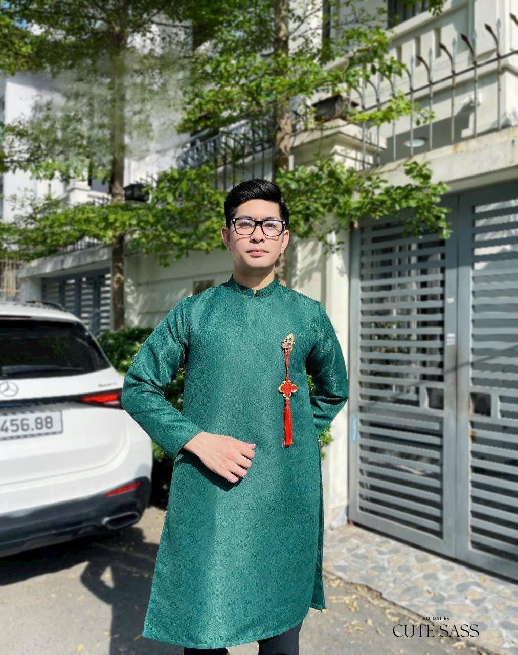 Men Dark Green Gam Ao Dai Top With Tassel 19C20B| Pre-made