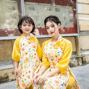 Mom and Daughter Yellow Bow Matching Ao Dai Set | Pre-made Traditional Vietnamese Ao Dai | Lunar New Year | Ao Dai for Girl, Mom |18D