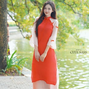 Shifted Red Sleeves Bow Ao Dai Set 22A|Pre-made Modernized Vietnamese Ao Dai| Women Ao Dai with Pants | Lunar New Year| Ao Dai Cach Tan