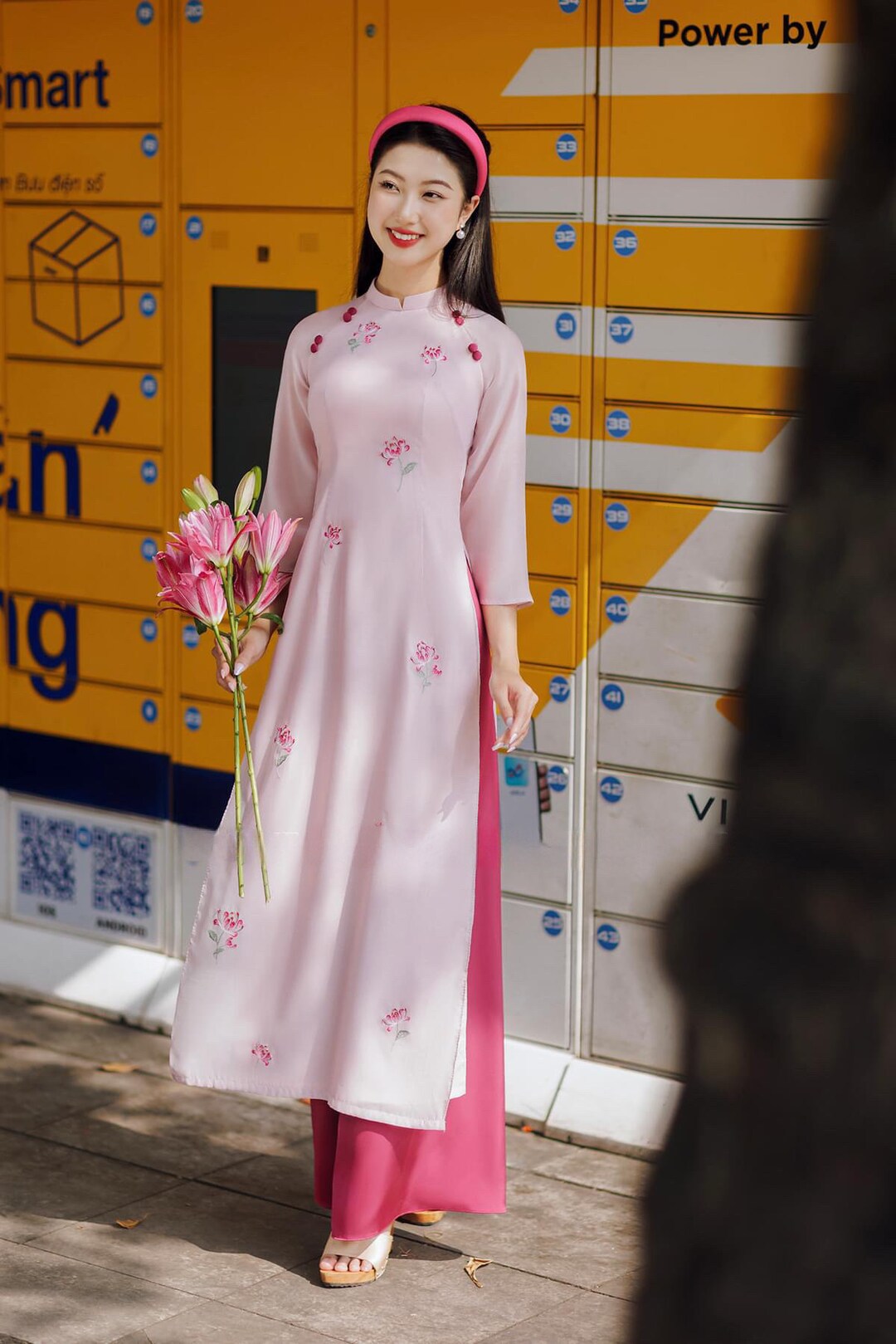 Pink Lotus Embroidered Button Ao Dai Set pre-made Modernized Vietnamese ...