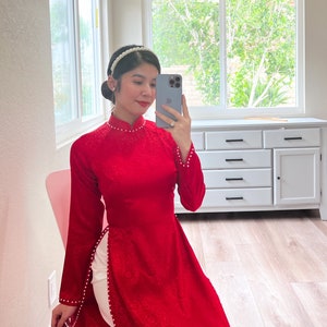Plain Red Gam Silk with Pearls Ao Dai Top Only, No Pants 6D | Pre-made Traditional Vietnamese Ao Dai | Lunar New Year| Ao Dai Cuoi|