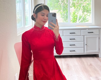 Plain Red Gam Silk with Pearls Ao Dai Set | Pre-made Traditional Vietnamese Ao Dai | Lunar New Year| Ao Dai Cuoi|Women Ao Dai with Pants| J4