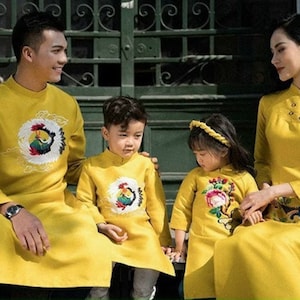 Family Yellow Embroidery Ao Dai Set| Pre-made Traditional Vietnamese Ao Dai| Lunar New Year | Ao Dai for Girl, Mom, Dad, Boy | Ao Dai Tet |