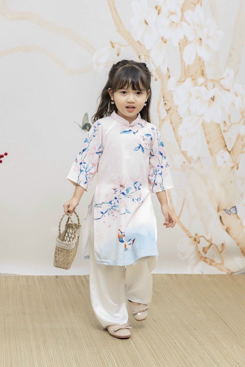 Girl Blush Flower Ao Dai Set Premade Traditional Vietnamese Etsy
