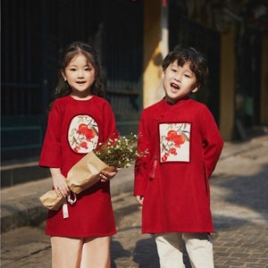 Sibling Orange Red Pom Ao Dai Set 36A| Pre-made Traditional Vietnamese Ao Dai | Lunar New Year | Ao Dai for Girl, Ao Dai for Boy|Ao Dai Tet|