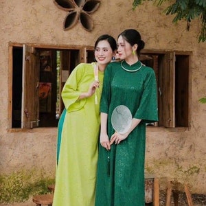 Shifted Green Gam Ao Dai Top Only, NO PANTS 10C | Pre-made Vietnamese Ao Dai| Women Ao Dai with Pants | Lunar New Year| Ao Dai Truyen Thong