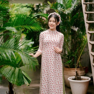 White/Red Hoa Ao Dai Set with Twisted Headband13A | Pre-made Vietnamese Traditional Ao Dai| Lunar New Year | Women Ao Dai with Pants|