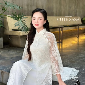 White Lace Slit Ao Dai Set 20A |Pre-made Vietnamese Women Ao Dai with Pants | Lunar New Year|Ao Dai Cach Tan